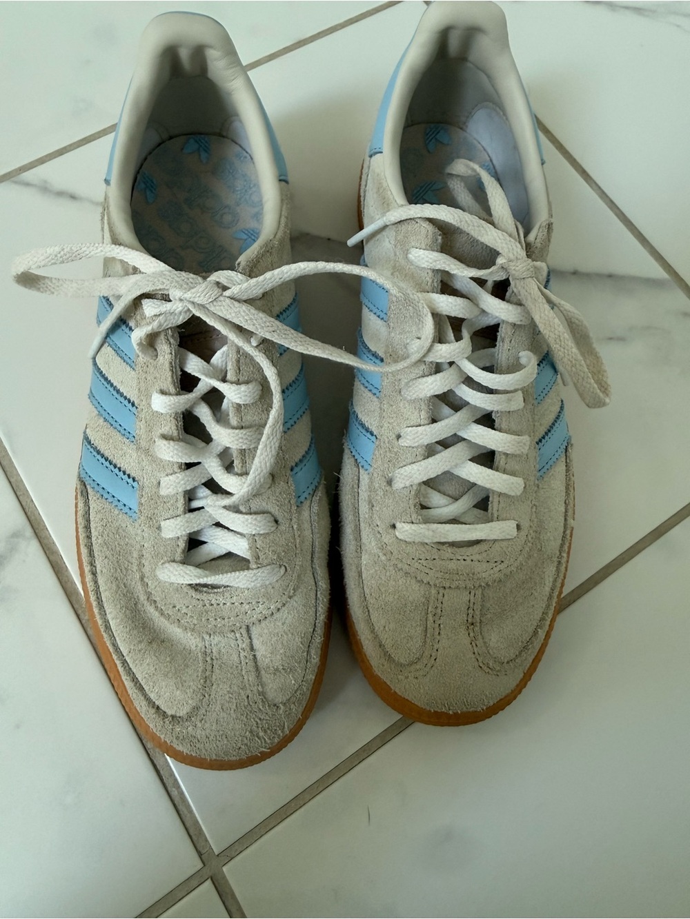 Women size 6 1/2 Adidas Suede Sneakers in Light Blue and Beige